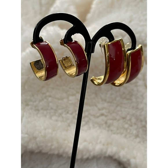 Vintage Avon Gold Tone Red Enamel Semi-Hoop Earrings - 2 Pairs - Picture 4 of 12